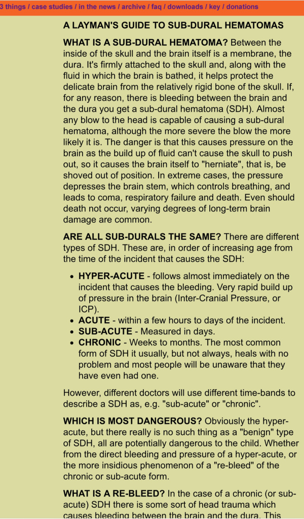 Image shows page one of a detailed information on what a subdural hematoma is from the five percenters website